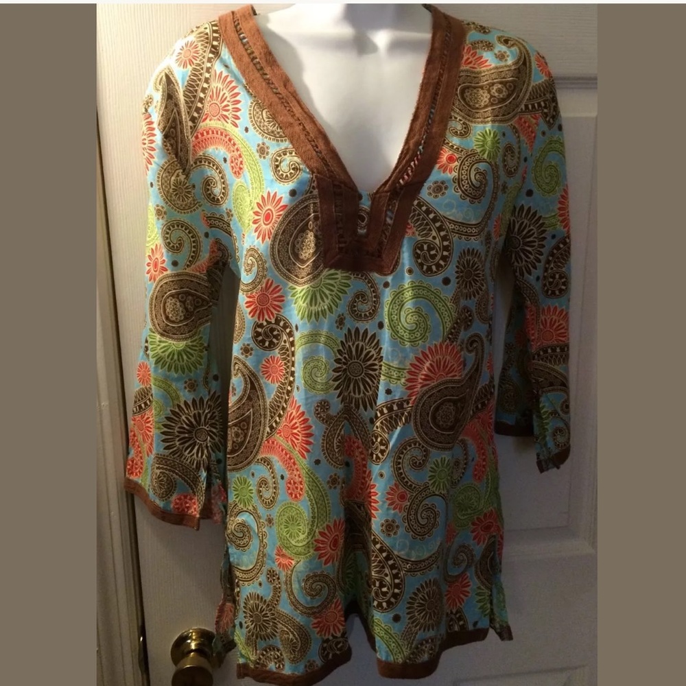New MUD PIE Blue Paisley Tunic Top Blouse Shirt